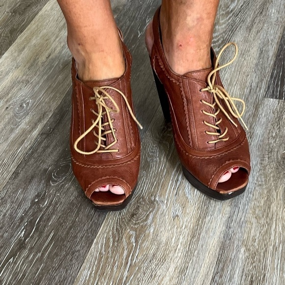 Nine West Nwondertoe peep toe leather platform high block heels size 10.5 - Picture 7 of 15